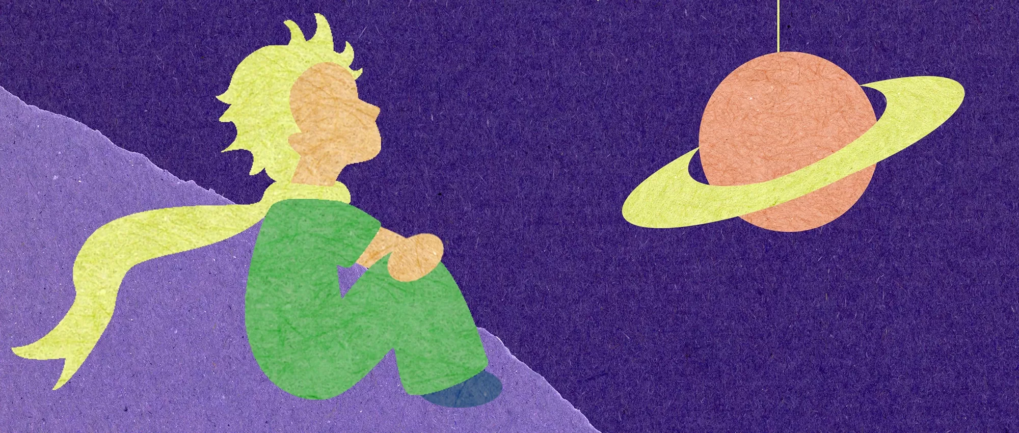 Drawing of a small figure, the little prince, looking at a planet in the sky