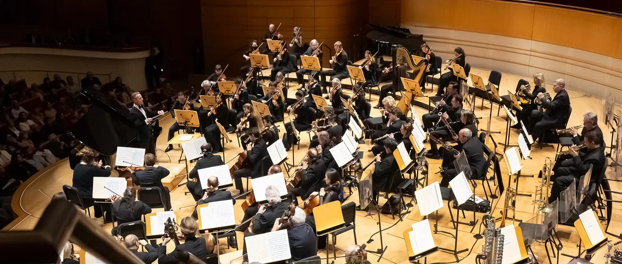 Pacific Symphony shown from behind the stage with Alexander Shelley conducting