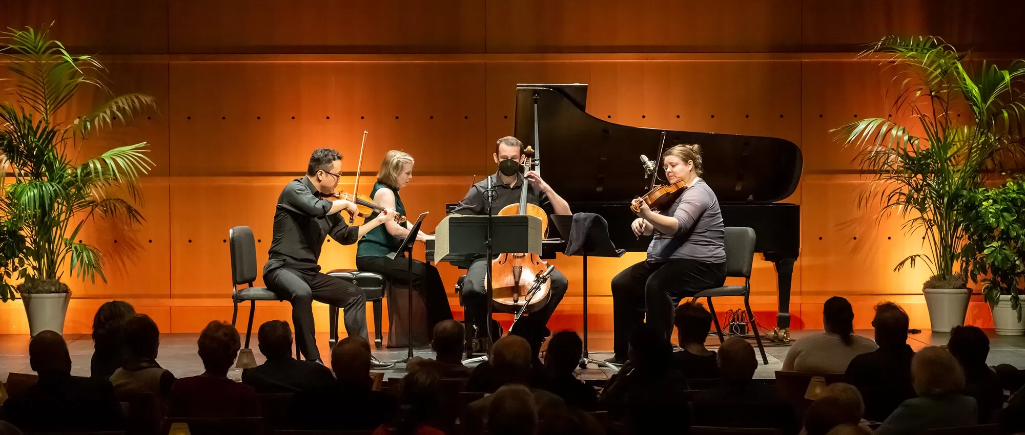 violin, viola, cello and piano players performing on stage