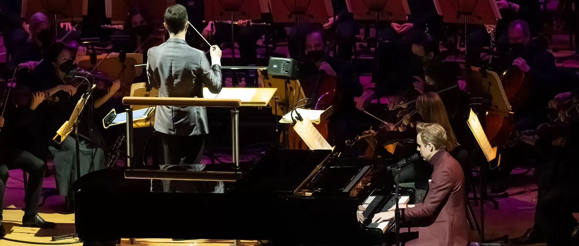 Cody Fry at the piano with Pacific Symphony and Enrico Lopez-Yanez