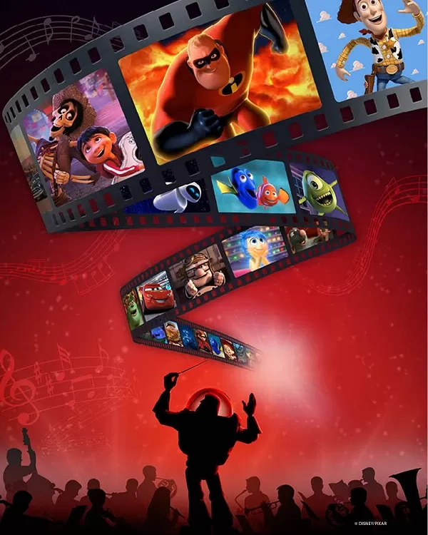 Buzz Lightyear beneath a film role with scenes from Pixar films