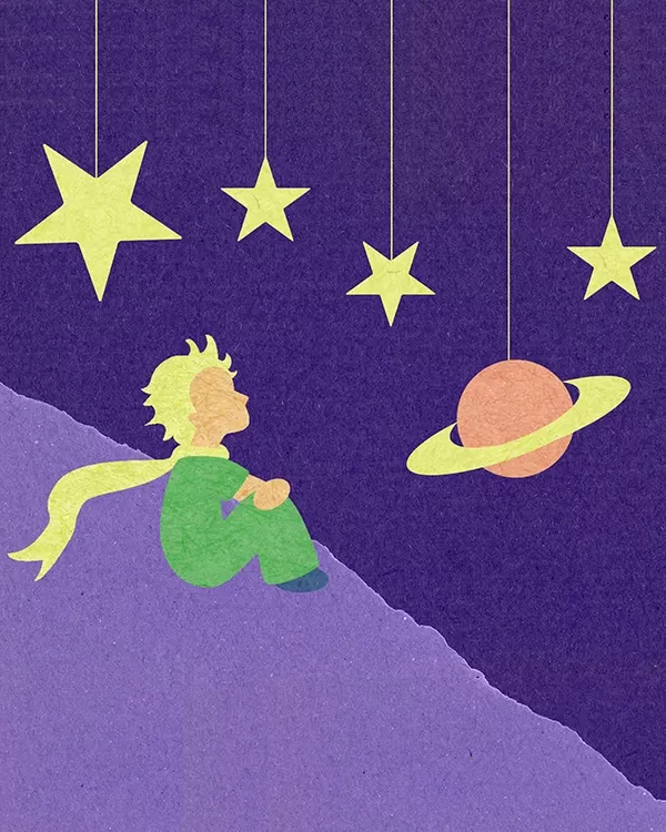 Drawing of a small figure, the little prince, looking at stars in the sky