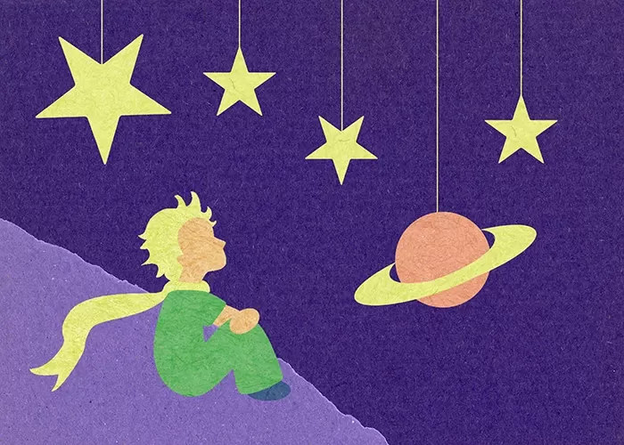 Drawing of a small figure, the little prince, looking at stars in the sky