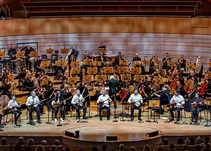 Iranian musicians on stage with Pacific Symphony