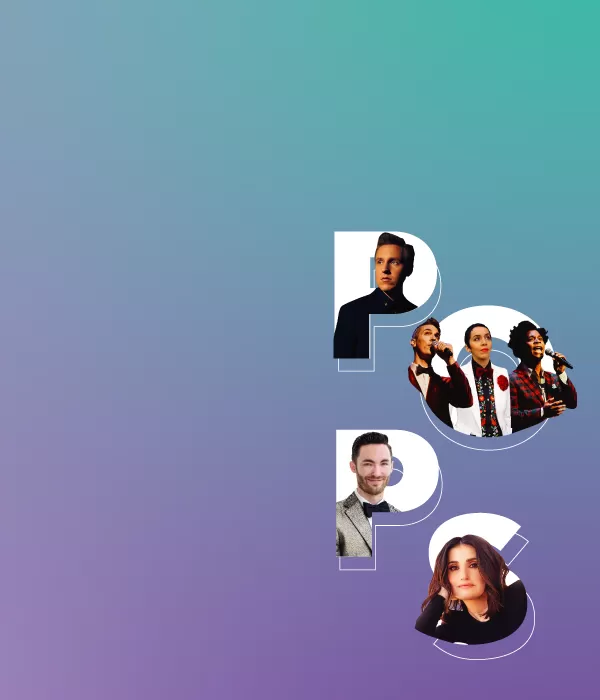 The letters P O P with pops artists inside them against a purple background