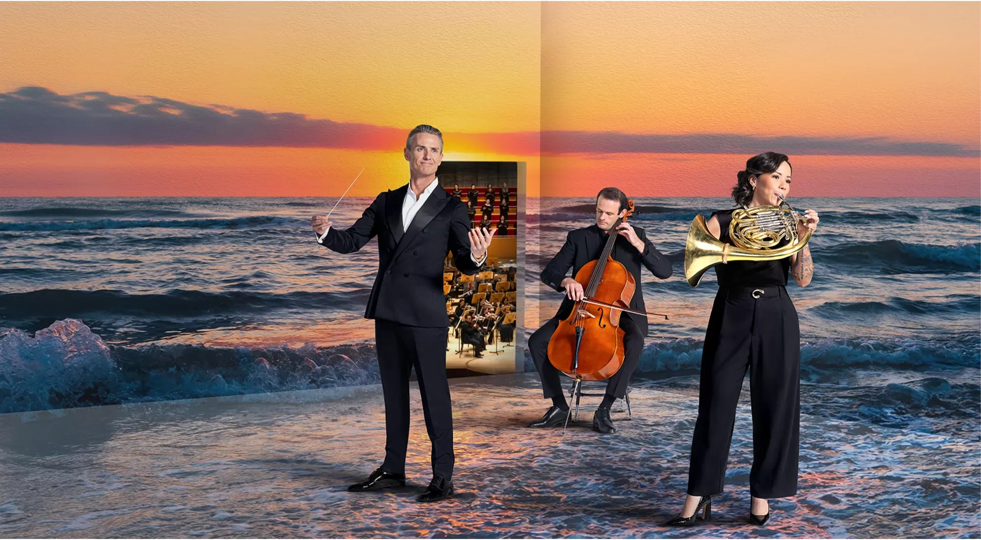 Sunset over the ocean with a conductor and musicians