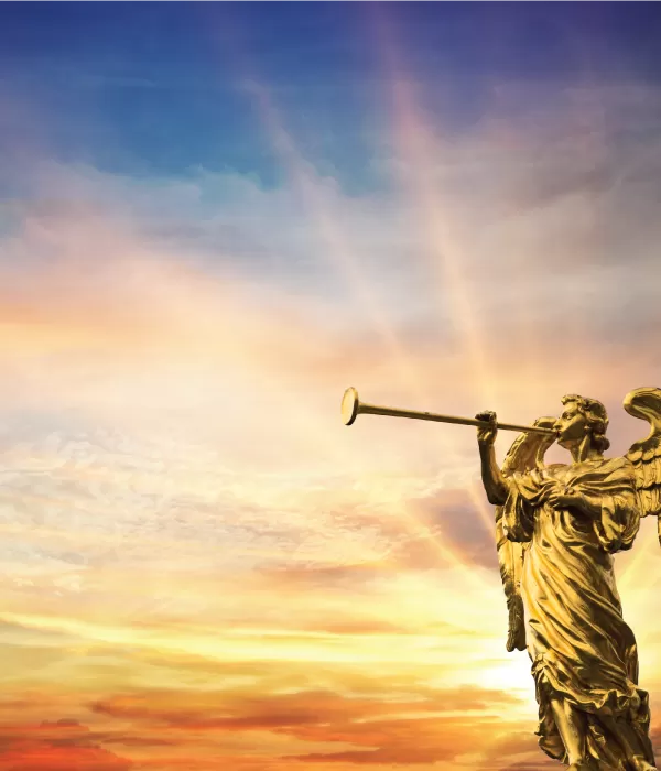 An angel blowing a trumpet with a sunrise in the background