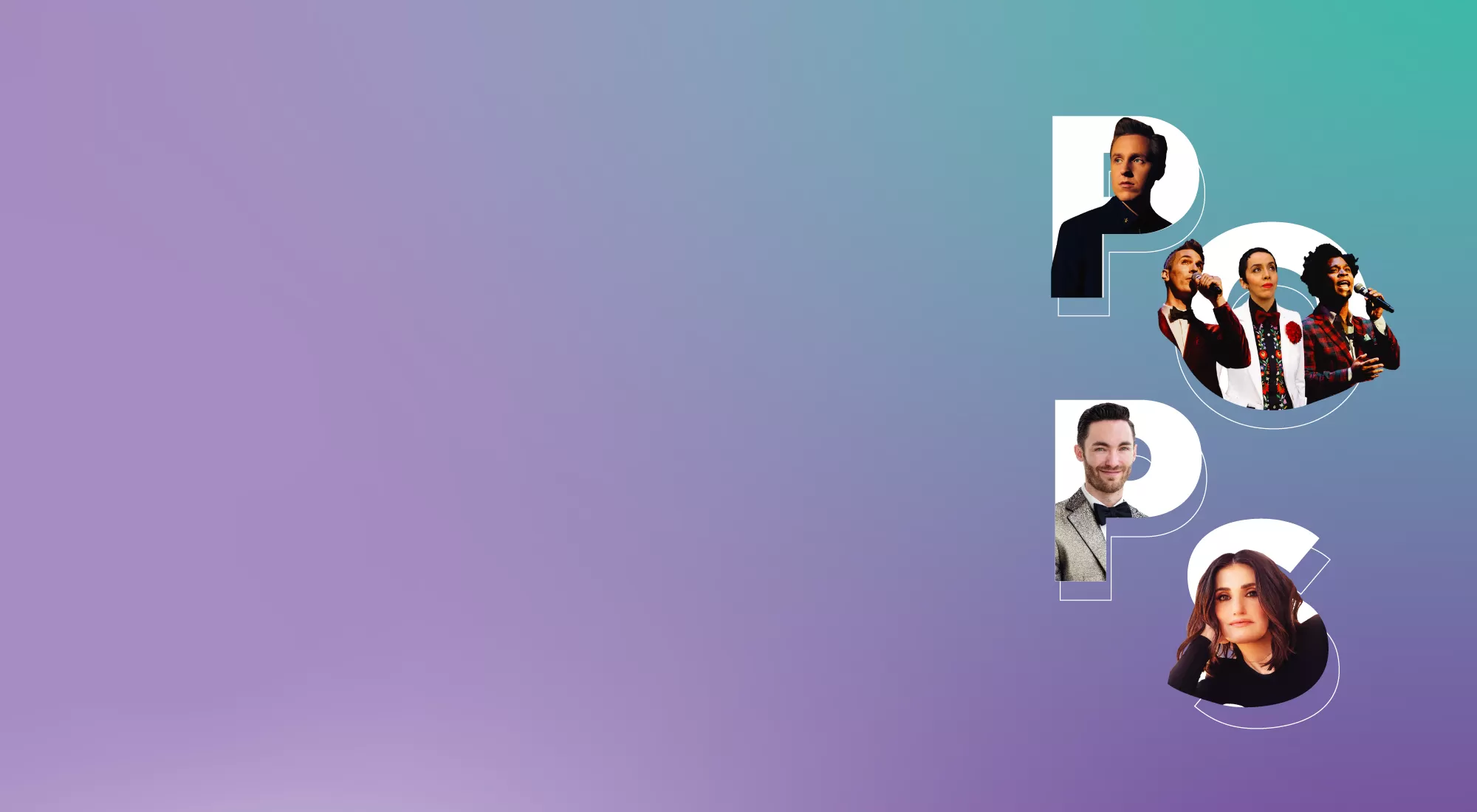 The letters P O P with pops artists inside them against a purple background