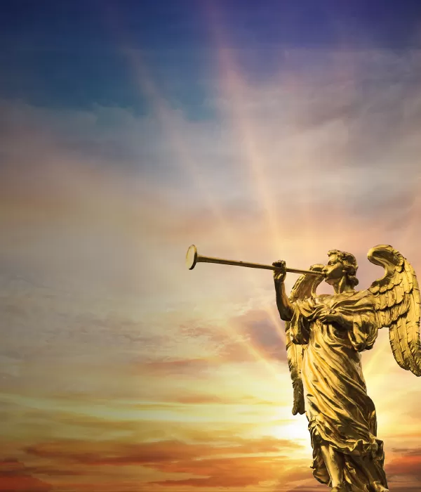 Angel wih trumpet next to a colorful sunrise