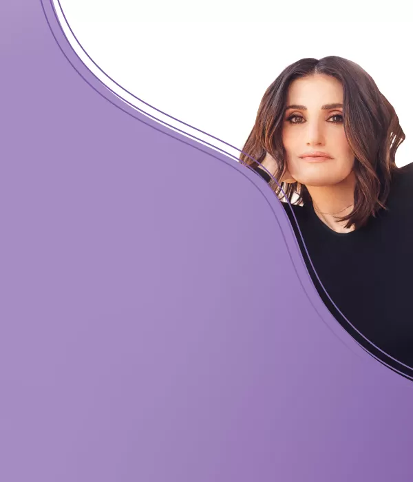 Broadway star Idina Menzel next to a purple background